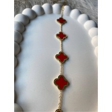Deniz Erkul Jewelry Çelik Gold Zincir Sıralı Kırmızı Yonca Taşlı Bileklik