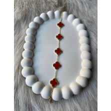 Deniz Erkul Jewelry Çelik Gold Zincir Sıralı Kırmızı Yonca Taşlı Bileklik