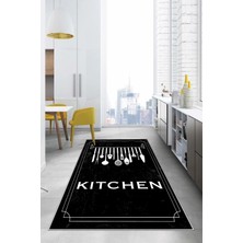Napoli Home Baskılı Çatal Bıçak Desenli Kitchen Yazılı Yıkanabilir Kaymaz Salon Mutfak Halısı, Mutfak-68-Siyah,