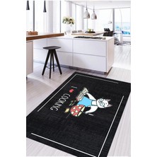 Napoli Home Baskılı Yemek Pişiren Kedi Motifli Yıkanabilir Kaymaz Yolluk Salon Mutfak Halısı, Mutfak-73-Siyah,