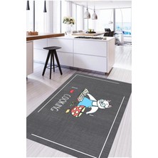 Napoli Home Baskılı Yemek Pişiren Kedi Motifli Yıkanabilir Kaymaz Yolluk Salon Mutfak Halısı, Mutfak-73-Gri,