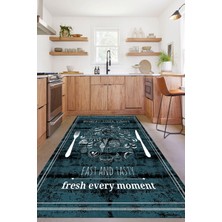 Napoli Home Dijital Baskılı Yemek Desenli Yıkanabilir Kaymaz Yolluk Salon Mutfak Halısı, Mutfak-54-Turkuaz