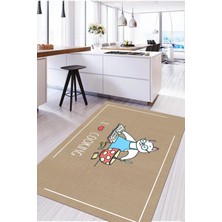 Napoli Home Baskılı Yemek Pişiren Kedi Motifli Yıkanabilir Kaymaz Yolluk Salon Mutfak Halısı, Mutfak-73-Bej,