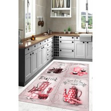 Napoli Home Dijital Baskılı Çaydanlık Motifli Yıkanabilir Kaymaz Yolluk Salon Mutfak Halısı, Mutfak-79-Pembe,