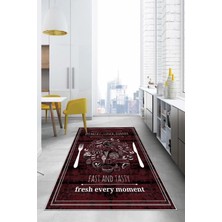 Napoli Home Dijital Baskılı Yemek Desenli Yıkanabilir Kaymaz Yolluk Salon Mutfak Halısı, Mutfak-54-Bordo,