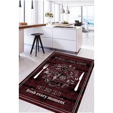 Napoli Home Dijital Baskılı Yemek Desenli Yıkanabilir Kaymaz Yolluk Salon Mutfak Halısı, Mutfak-54-Bordo,
