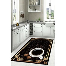 Napoli Home Baskılı Kahve Çekirdeği Desenli Yıkanabilir Kaymaz Yolluk Salon Mutfak Halısı, Mutfak-61-Siyah,