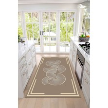 Napoli Home Baskılı Çerçeveli Dekoratif Yıkanabilir Kaymaz Yolluk Salon Mutfak Halısı, Mutfak-98-Bej,