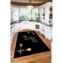 Napoli Home Baskılı Modern Çatal Bıçak Desenli Yıkanabilir Kaymaz Yolluk Salon Mutfak Halısı, Mutfak-84-Siyah