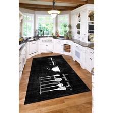 Napoli Home Baskılı Kahve Fincan Desenli Yıkanabilir Kaymaz Yolluk Salon Mutfak Halısı, Mutfak-86-Siyah,