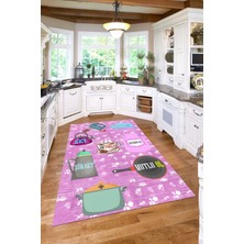 Napoli Home Baskılı Mutfak Eşya Desenli Yıkanabilir Kaymaz Yolluk Salon Mutfak Halısı, Mutfak-85-Pembe,
