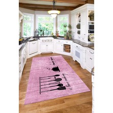 Napoli Home Baskılı Kahve Fincan Desenli Yıkanabilir Kaymaz Yolluk Salon Mutfak Halısı, Mutfak-86-Pembe,