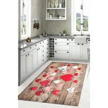 Napoli Home Dijital Baskılı Kalp Motifli Yıkanabilir Kaymaz Yolluk Salon Mutfak Halısı, Mutfak-58-Kırmızı,