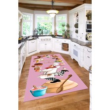 Napoli Home Dijital Baskılı Pasta Şef Desenli Yıkanabilir Kaymaz Yolluk Salon Mutfak Halısı, Mutfak-83-Pembe,