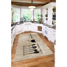 Napoli Home Baskılı Kahve Fincan Desenli Yıkanabilir Kaymaz Yolluk Salon Mutfak Halısı, Mutfak-86-Bej,