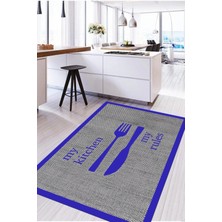 Napoli Home Dijital Baskılı Çatal Bıçak Motifli Yıkanabilir Kaymaz Yolluk Salon Mutfak Halısı, Mutfak-69-Mavi,