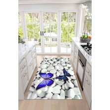 Napoli Home Dijital Baskılı Kelebek Motifli Yıkanabilir Kaymaz Yolluk Salon Mutfak Halısı, Mutfak-93-Mavi,