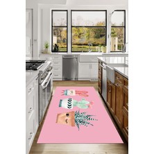 Napoli Home Dijital Baskılı Kaktüs Motifli Yıkanabilir Kaymaz Yolluk Salon Mutfak Halısı, Mutfak-88-Pembe,