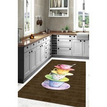 Napoli Home Baskılı Renkli Fincan Motifli Yıkanabilir Kaymaz Yolluk Salon Mutfak Halısı, Mutfak-76-Kahve,
