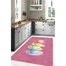 Napoli Home Baskılı Renkli Fincan Motifli Yıkanabilir Kaymaz Yolluk Salon Mutfak Halısı, Mutfak-76-Pembe,