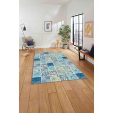 Napoli Home Baskılı Patchwork Akrilik Desenli Yıkanabilir Kaymaz Yolluk Mutfak Salon Halısı, Patchwork-28-Mavi,