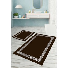 Napoli Home Dijital Baskılı Yıkanabilir Kaymaz Sade Çerçeveli Banyo Paspası Klozet Takımı, Klozet-56-Kahve,