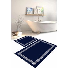 Napoli Home Dijital Baskılı Yıkanabilir Kaymaz Sade Çerçeveli Banyo Paspası Klozet Takımı, Klozet-56-Lacivert,