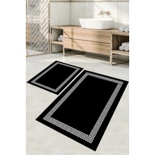 Napoli Home Dijital Baskılı Yıkanabilir Kaymaz Sade Çerçeveli Banyo Paspası Klozet Takımı, Klozet-56-Siyah,
