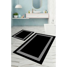 Napoli Home Dijital Baskılı Yıkanabilir Kaymaz Sade Çerçeveli Banyo Paspası Klozet Takımı, Klozet-56-Siyah,