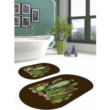 Napoli Home Dijital Yıkanabilir Kaymaz Kaktüs Desenli Oval Banyo Paspası Klozet Takımı, Klozet-63-Kahve,