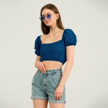 H&O Kadın Mavi Crop T-Shirt
