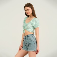 H&O Kadın Büzgülü Çizgili Crop T-Shirt