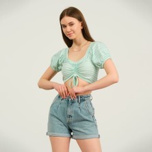 H&O Kadın Büzgülü Çizgili Crop T-Shirt