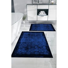 Napoli Home Dijital Baskılı Yıkanabilir Kaymaz Klasik Model Banyo Paspası Klozet Takımı, Klozet-94-Lacivert,