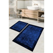 Napoli Home Dijital Baskılı Yıkanabilir Kaymaz Klasik Model Banyo Paspası Klozet Takımı, Klozet-94-Lacivert,