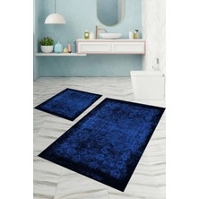 Napoli Home Dijital Baskılı Yıkanabilir Kaymaz Klasik Model Banyo Paspası Klozet Takımı, Klozet-94-Lacivert,