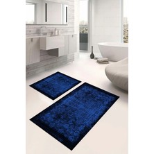 Napoli Home Dijital Baskılı Yıkanabilir Kaymaz Klasik Model Banyo Paspası Klozet Takımı, Klozet-94-Lacivert,