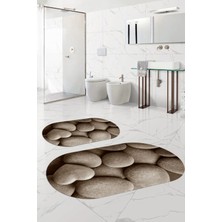 Napoli Home Dijital Baskılı Yıkanabilir Kaymaz Taş Modelli Oval Banyo Paspası Klozet Takımı, Klozet-73-Kahve,