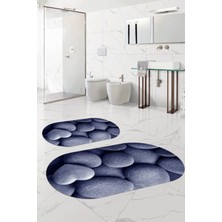 Napoli Home Dijital Baskılı Yıkanabilir Kaymaz Taş Modelli Oval Banyo Paspası Klozet Takımı, Klozet-73-Lacivert,