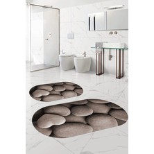 Napoli Home Dijital Baskılı Yıkanabilir Kaymaz Taş Modelli Oval Banyo Paspası Klozet Takımı, Klozet-73-Vizon,