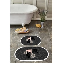 Napoli Home Dijital Yıkanabilir Modern Kaktüs Modelli Oval Banyo Paspası Klozet Takımı, Klozet-93-Antrasit,