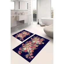Napoli Home Dijital Baskılı Yıkanabilir Renkli Çiçek Desenli Banyo Paspası Klozet Takımı, Klozet-66-Lacivert,