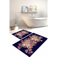 Napoli Home Dijital Baskılı Yıkanabilir Renkli Çiçek Desenli Banyo Paspası Klozet Takımı, Klozet-66-Lacivert,