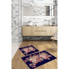 Napoli Home Dijital Baskılı Yıkanabilir Renkli Çiçek Desenli Banyo Paspası Klozet Takımı, Klozet-66-Lacivert,