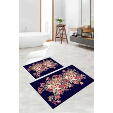 Napoli Home Dijital Baskılı Yıkanabilir Renkli Çiçek Desenli Banyo Paspası Klozet Takımı, Klozet-66-Lacivert,