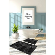 Napoli Home Dijital Baskılı Yıkanabilir Geometrik Desenli Banyo Paspası Klozet Takımı, Klozet-87-Gri,