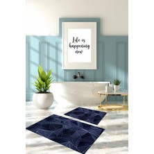 Napoli Home Dijital Baskılı Yıkanabilir Geometrik Desenli Banyo Paspası Klozet Takımı, Klozet-87-Lacivert,
