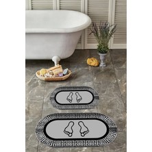 Napoli Home Dijital Yıkanabilir Çerçeveli Ayak Baskılı Oval Banyo Paspası Klozet Takımı, Klozet-52-Gri,