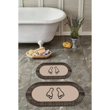 Napoli Home Dijital Yıkanabilir Çerçeveli Ayak Baskılı Oval Banyo Paspası Klozet Takımı, Klozet-52-Kahve,