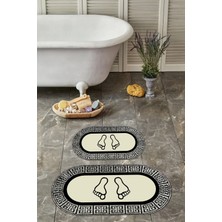 Napoli Home Dijital Yıkanabilir Çerçeveli Ayak Baskılı Oval Banyo Paspası Klozet Takımı, Klozet-52-Krem,